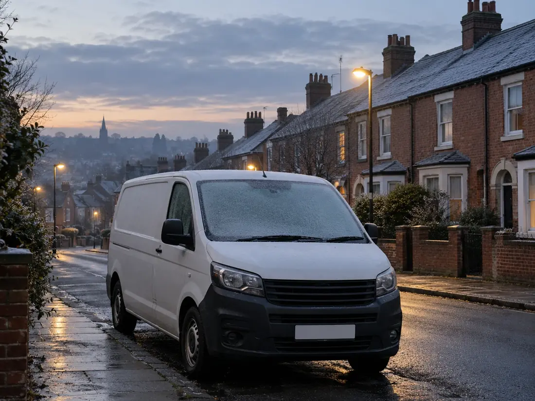 A white van parked on a frosty terraced street at dawn.