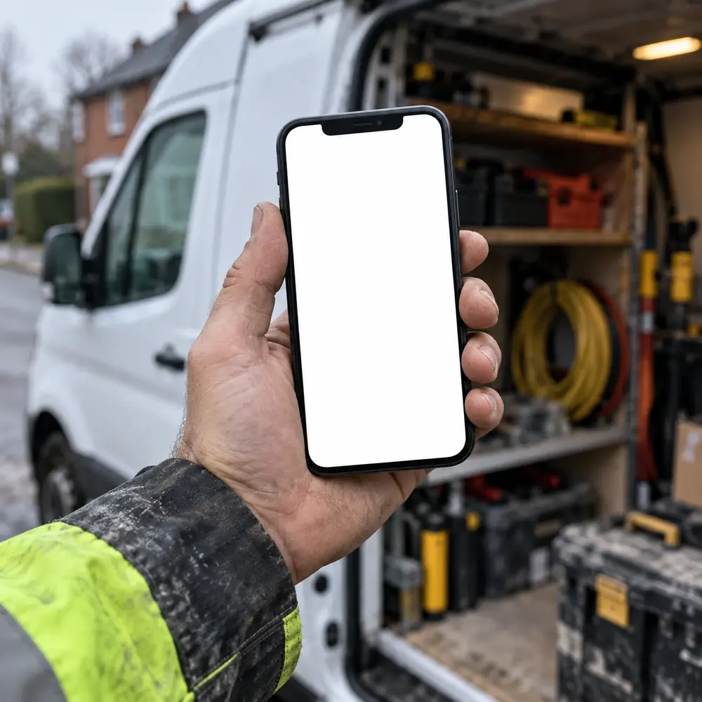 A reminder text from Kerb on a phone, held in front of an open van.