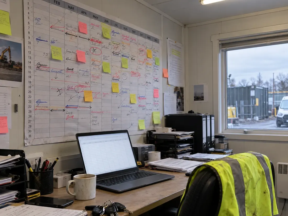A site office wall planner covered in handwritten dates and sticky notes.