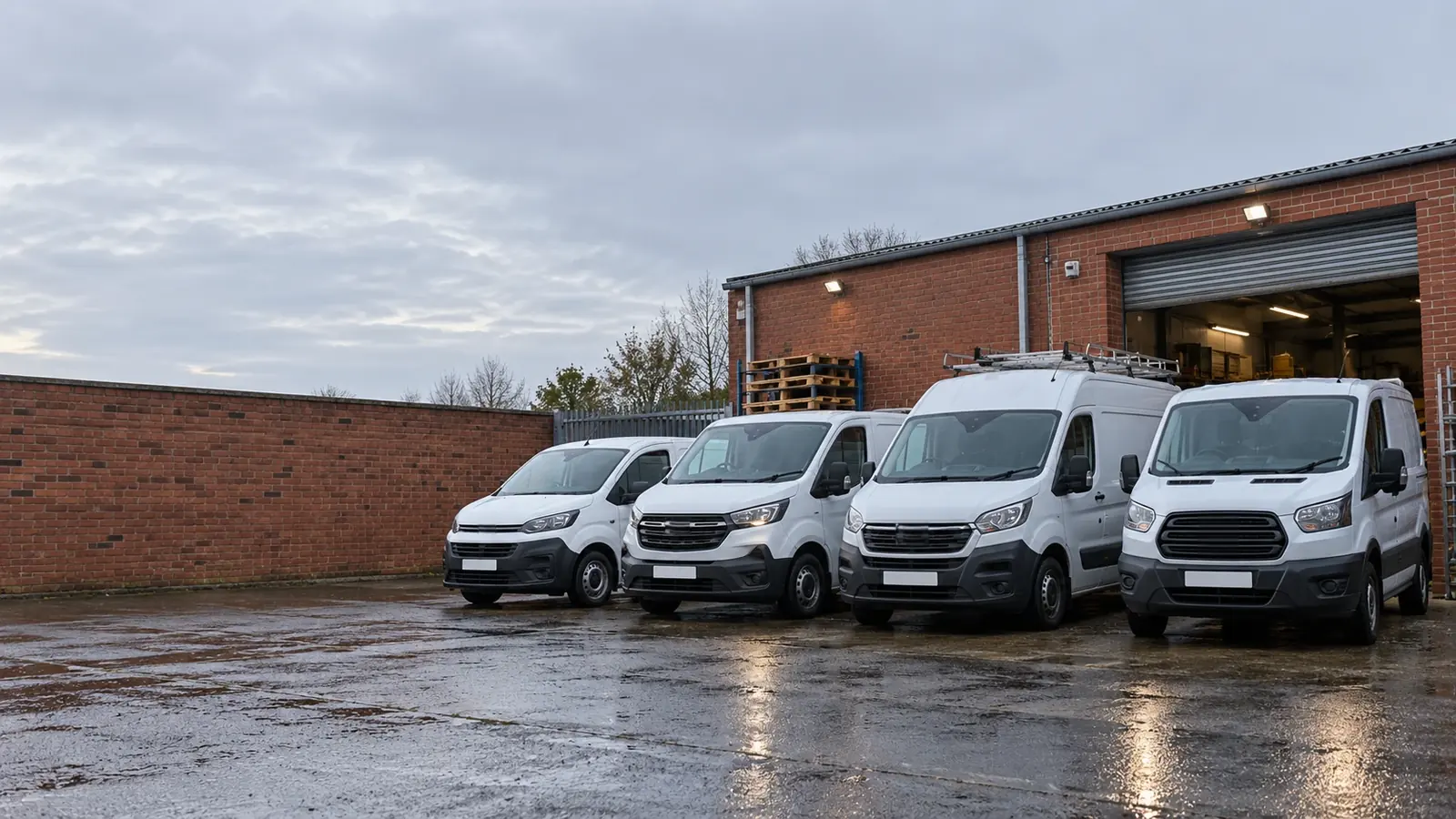 Four white vans parked in the yard of a small brick workshop.